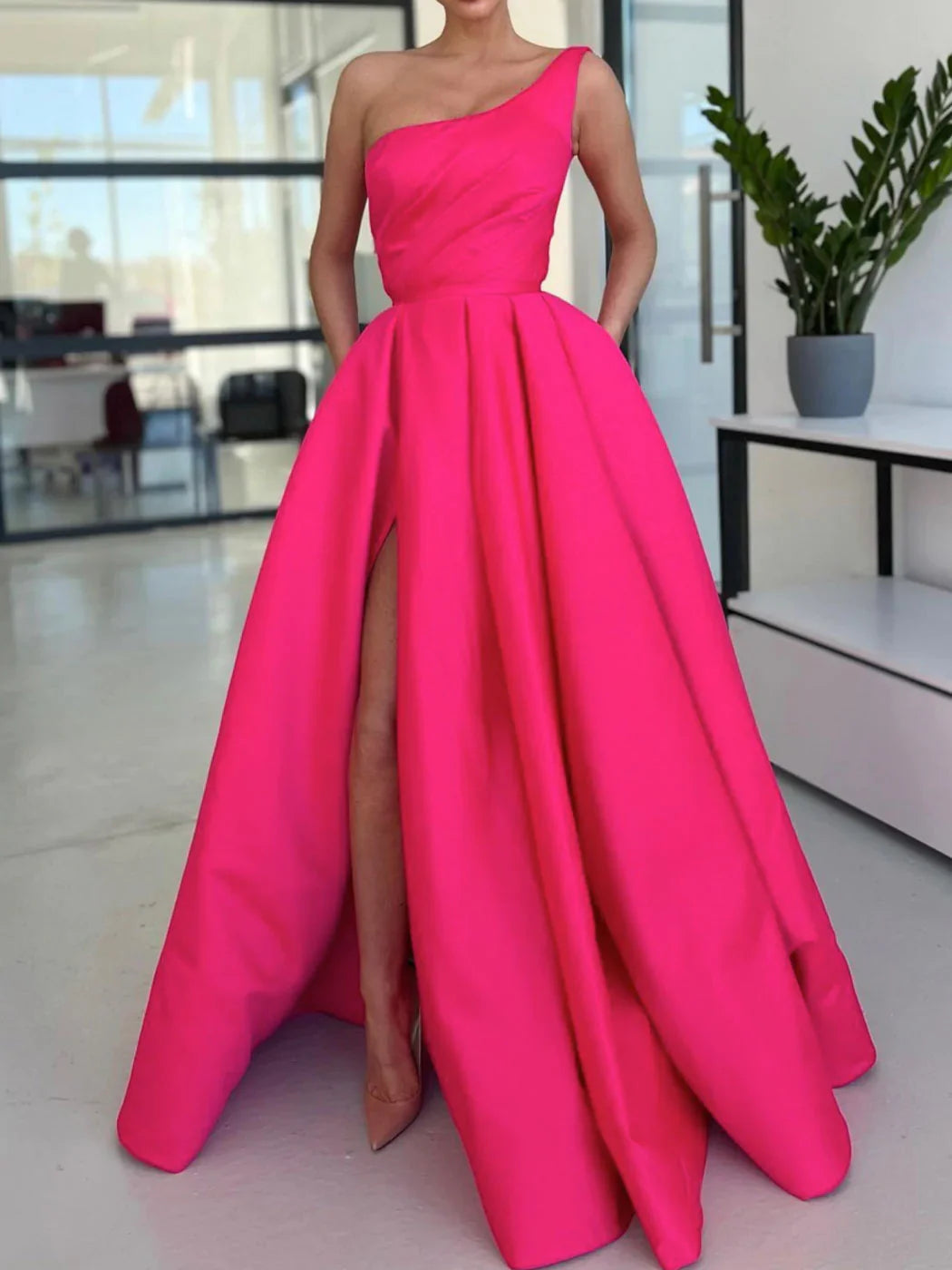 Simple One Shoulder Satin Pink Long Prom Dress Pink Formal Evening Dress