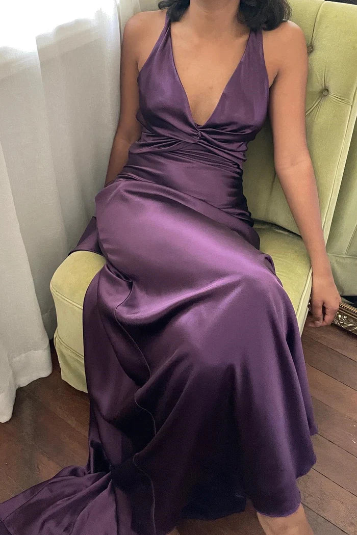 Trendy Sheath Halter Neck Purple Long Party Dress with Open Back Bowknot