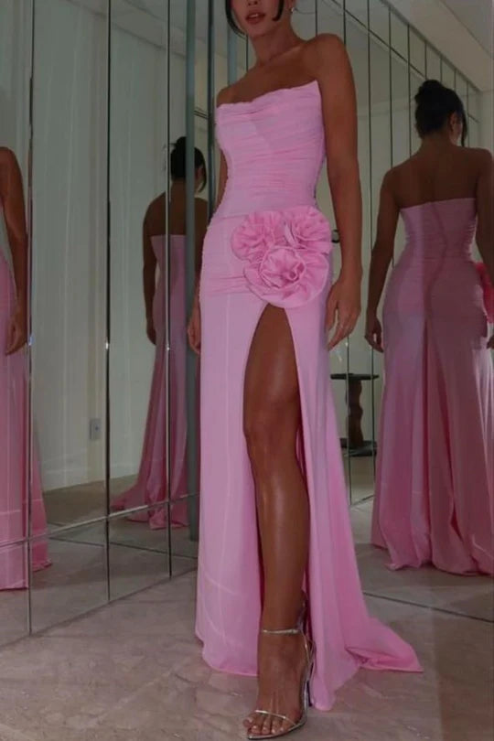Strapless Scoop Neck Pleated Flower Formal Prom Dress with Slit