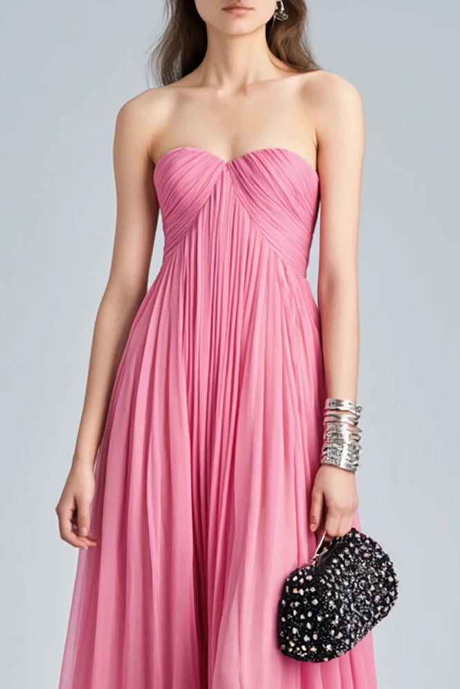Holiday Evening Dress Pink Strapless Ruched Floor Chiffon Dress