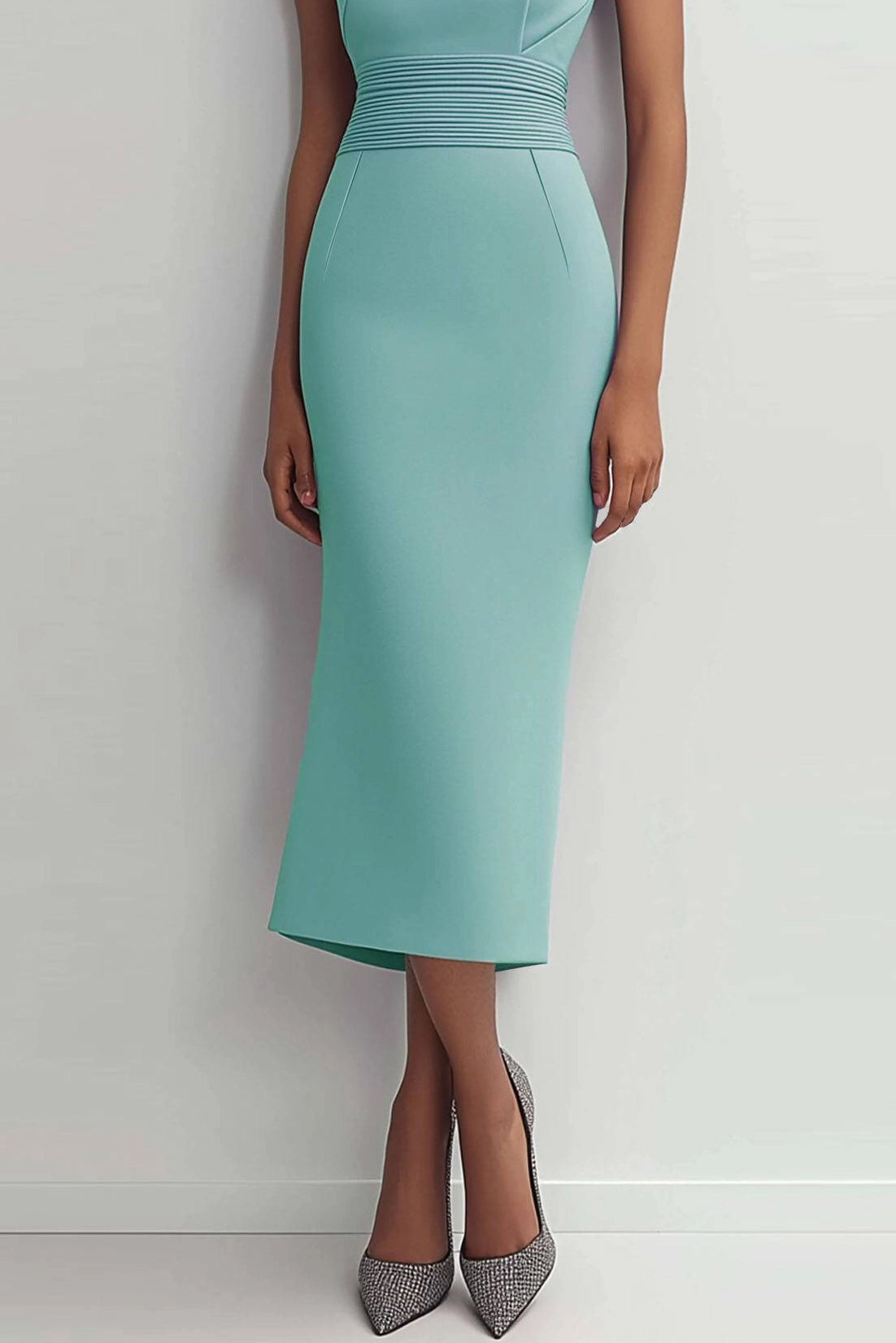 Simple beautiful generous and full of charm Prom Dress Wedding Guest Semi-Formal Dress Teal Waist Ruched Sleeveless Midi Dress