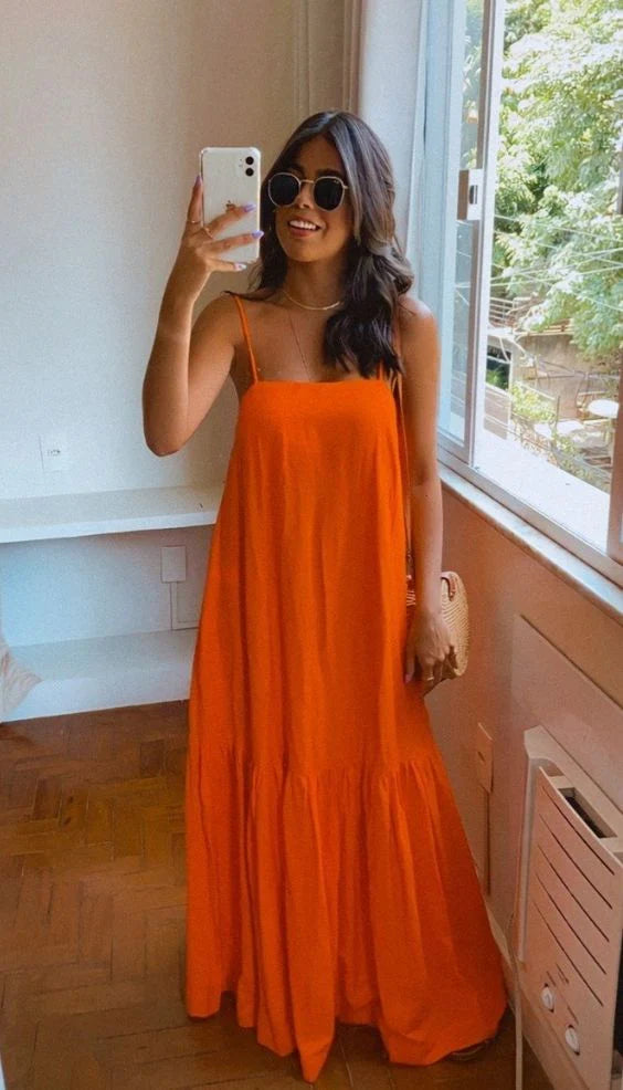 Simple orange evening dresses long prom dress