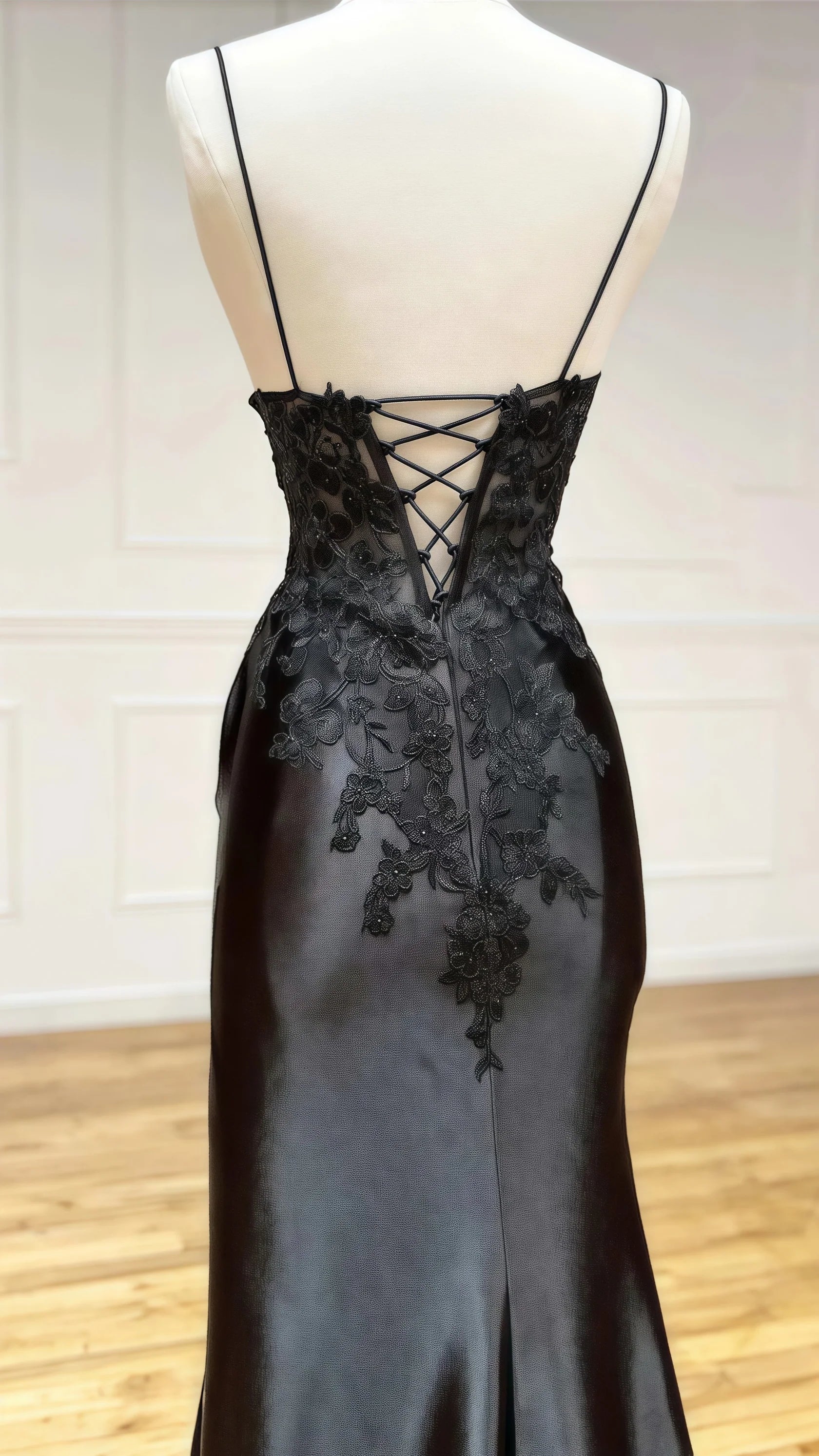 Sexy Mermaid Beautiful elegant and unique design Prom Dress Black Applique Satin Lace Prom Dress With Lace Up Back