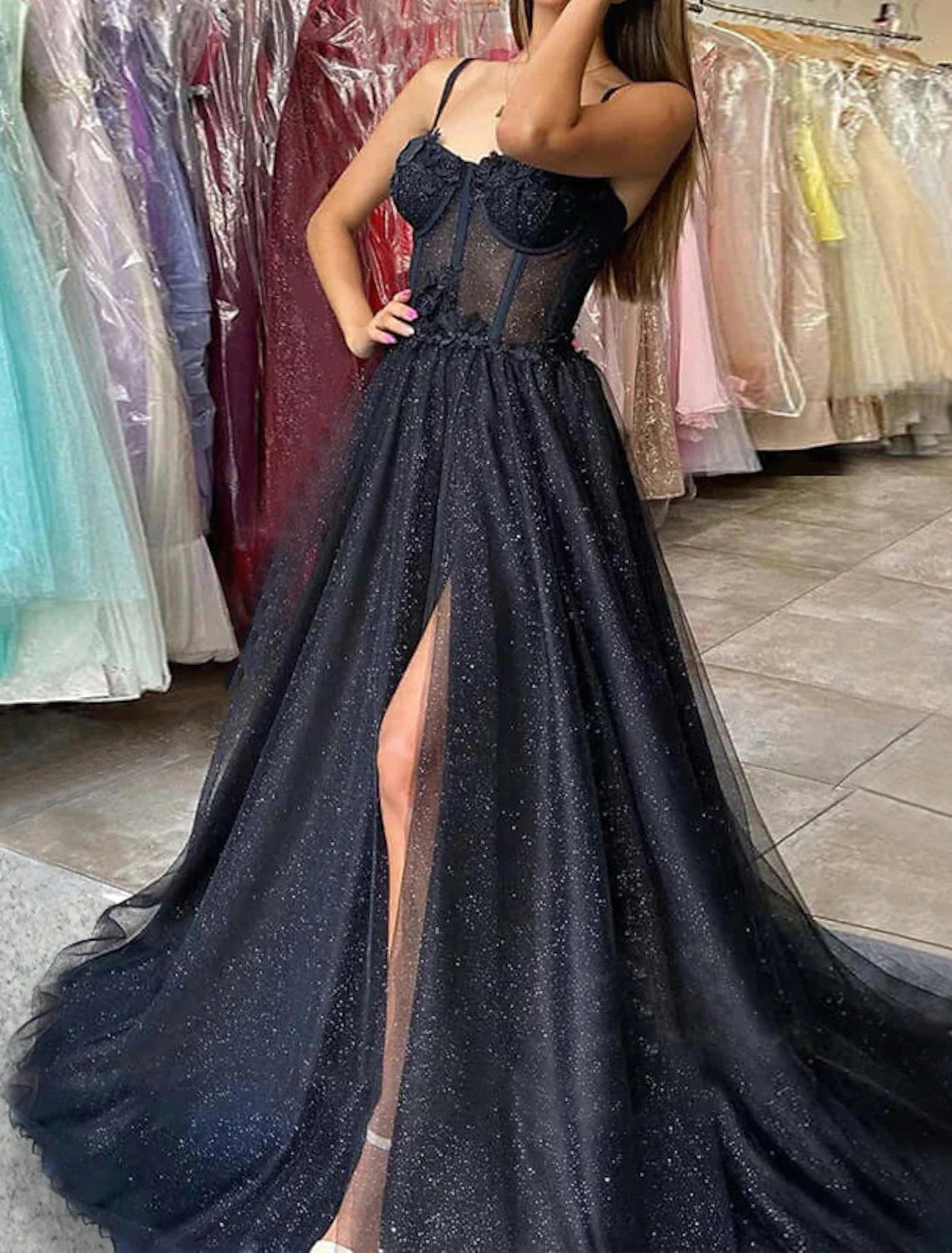 A-Line Prom Dresses Glitter Black Dress Plus Size Wedding Dresses Formal Gothic Dress Floor Length Sleeveless Sweetheart Spaghetti Tulle with Slit Simple atmospheric beautiful and unique desi