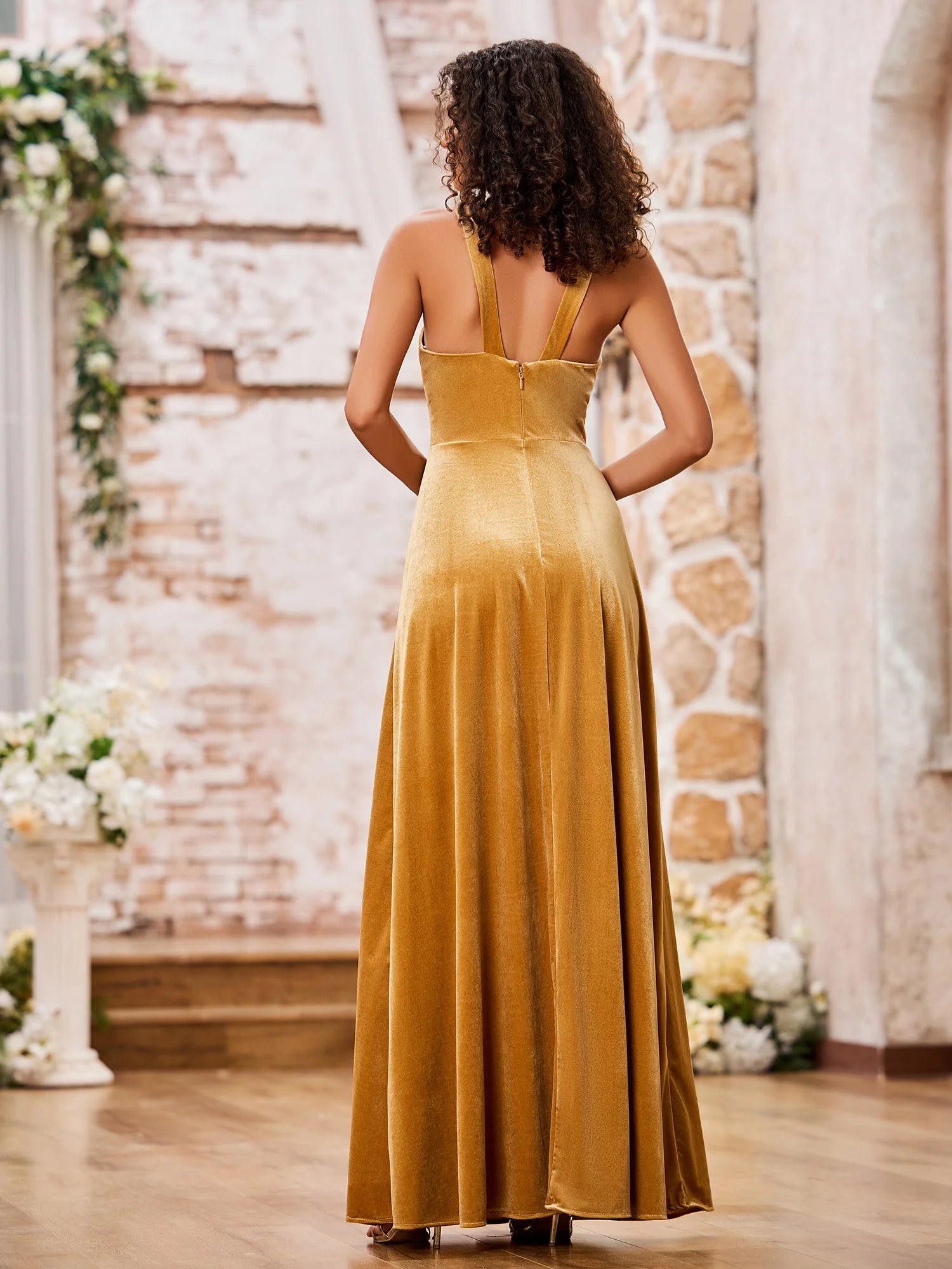 Velvet Grecian Neck Sleeveless Long Bridesmaid Gowns Gold Simple gentle atmospheric and unique design