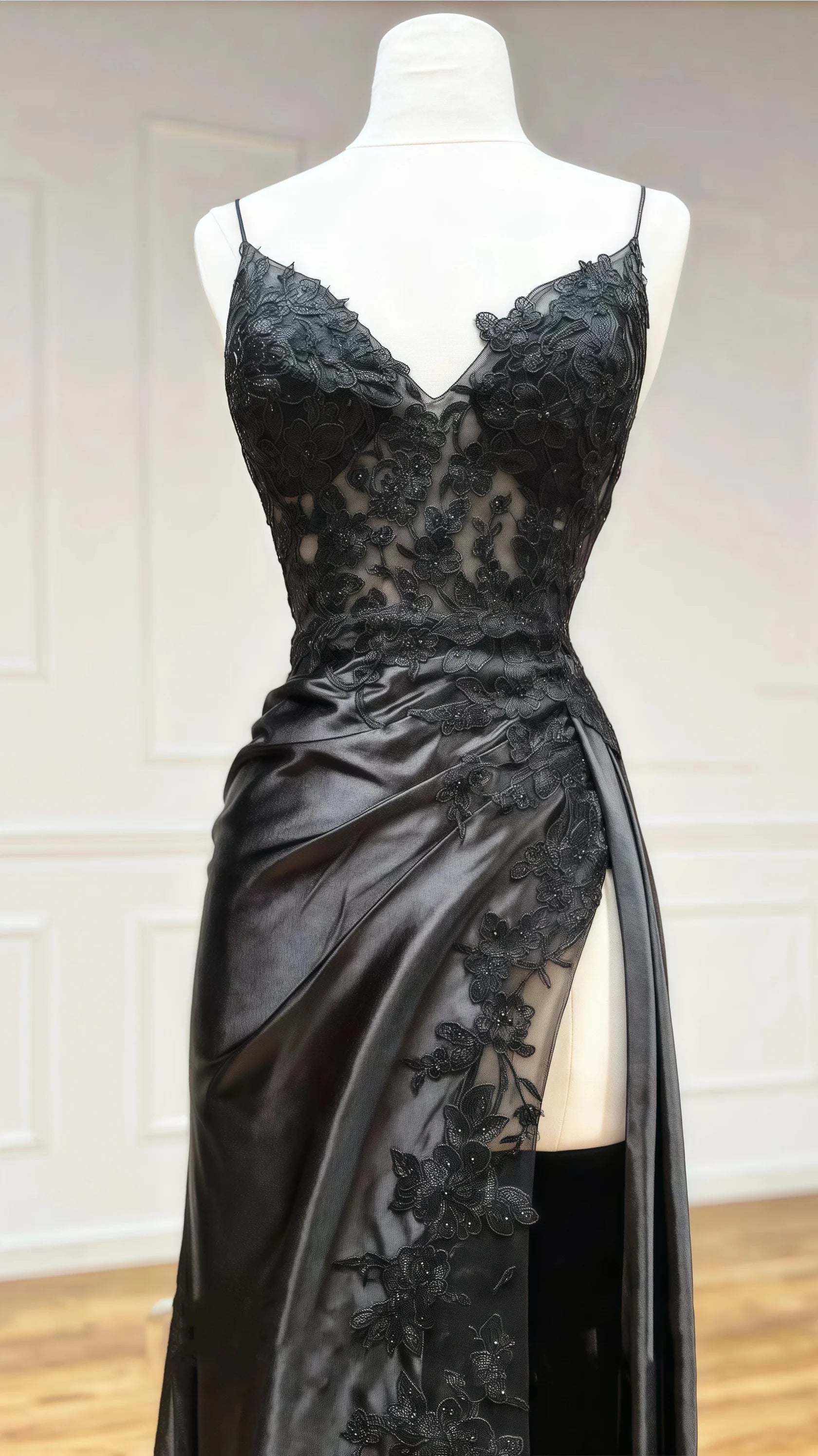 Sexy Mermaid Beautiful elegant and unique design Prom Dress Black Applique Satin Lace Prom Dress With Lace Up Back