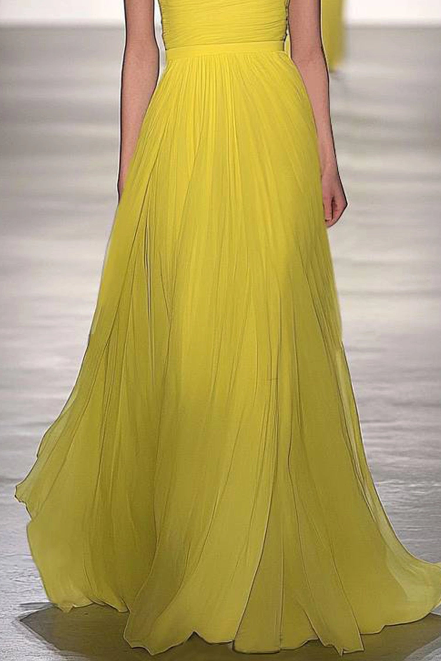 Evening Prom Mesh Yellow Dress Strapless Pleated Floor Length Dress