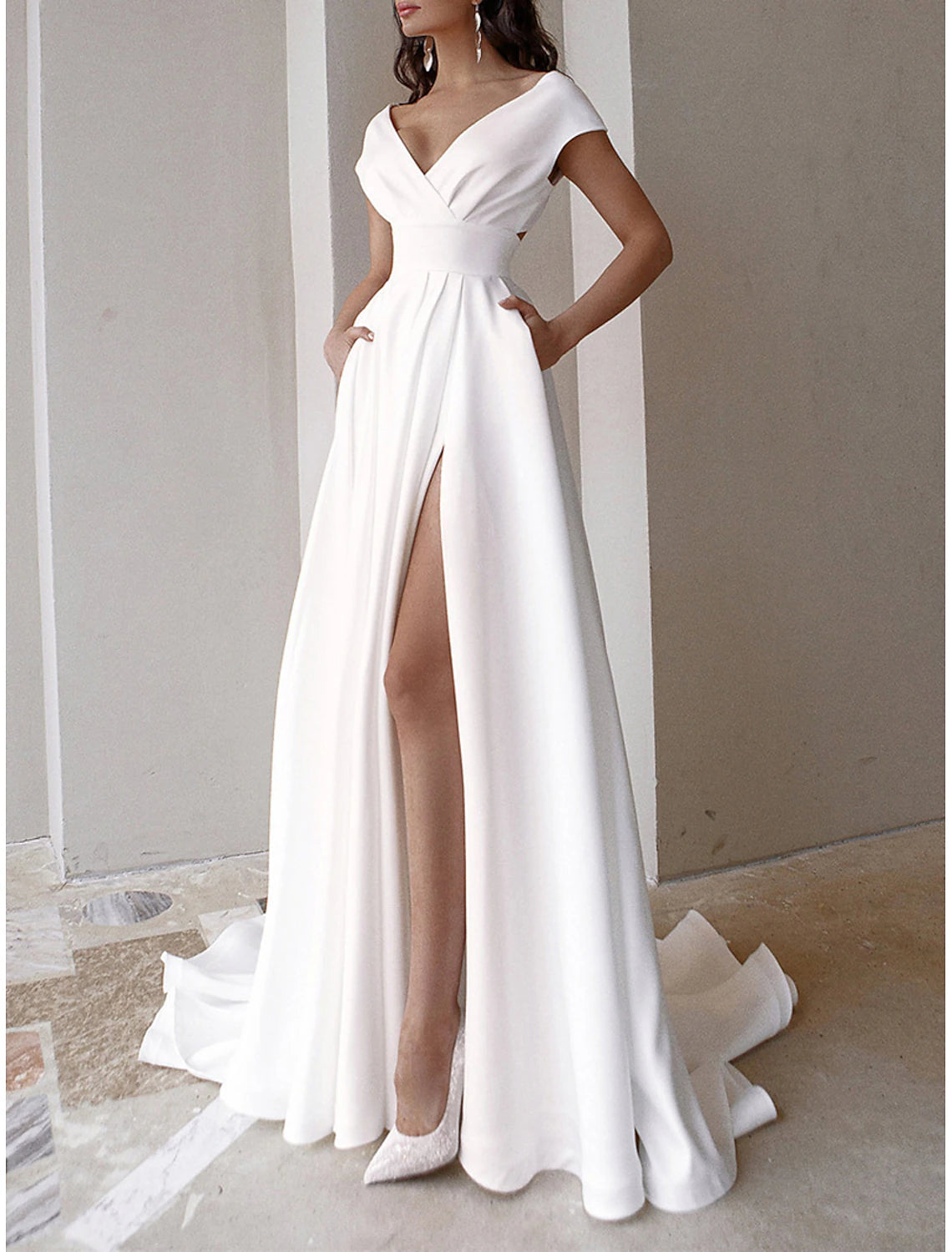 Women's White Dress Prom Dress Party Dress Ruffle Pocket V Neck Short Sleeve Wedding Guest Special Occasion Elegant Black White Summer Spring