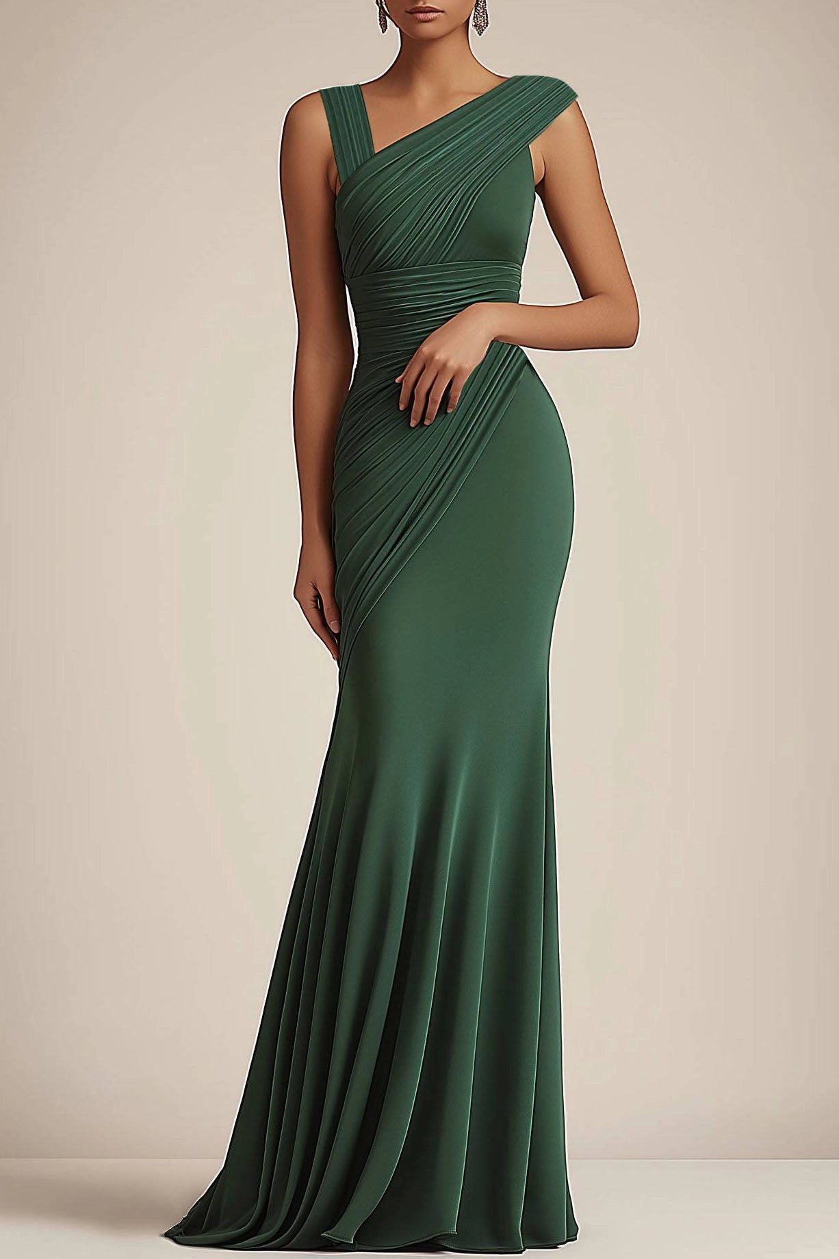 Formal Evening Dress Green V-Neck Pleated Mermaid Floor-Length Gown