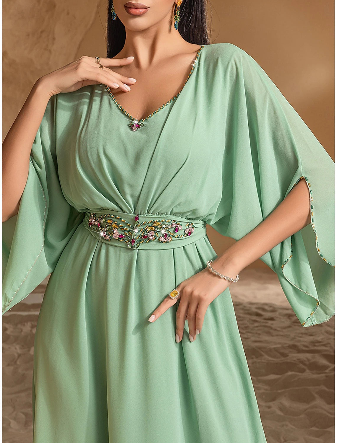 Green Mother of the Bride Dress Elegant Casual V Neck Floor Length Chiffon Length Sleeve with Crystals