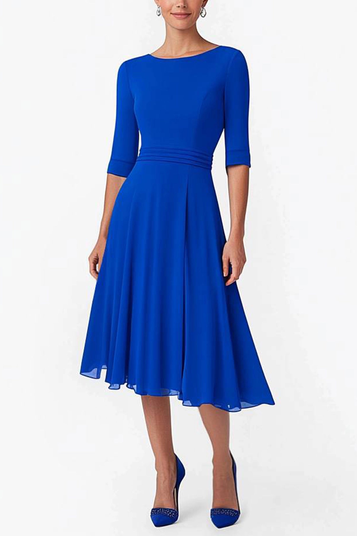 Work Semi-Formal Blue Dress Long Sleeve Round Neck Asymmetric Midi Dress Simple beautiful generous and full of charm