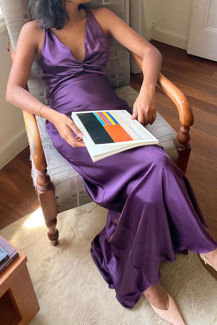 Trendy Sheath Halter Neck Purple Long Party Dress with Open Back Bowknot