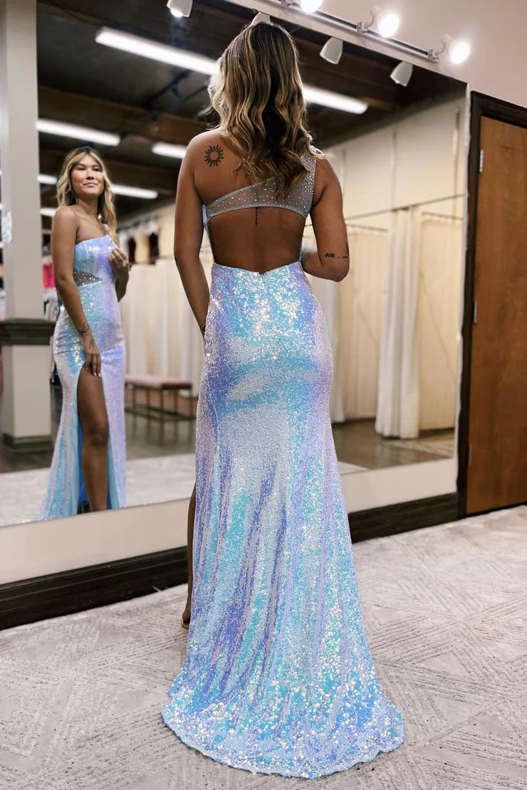 Charming Sparkly Mermaid One Shoulder Blue Sequins Long Prom Dresses with