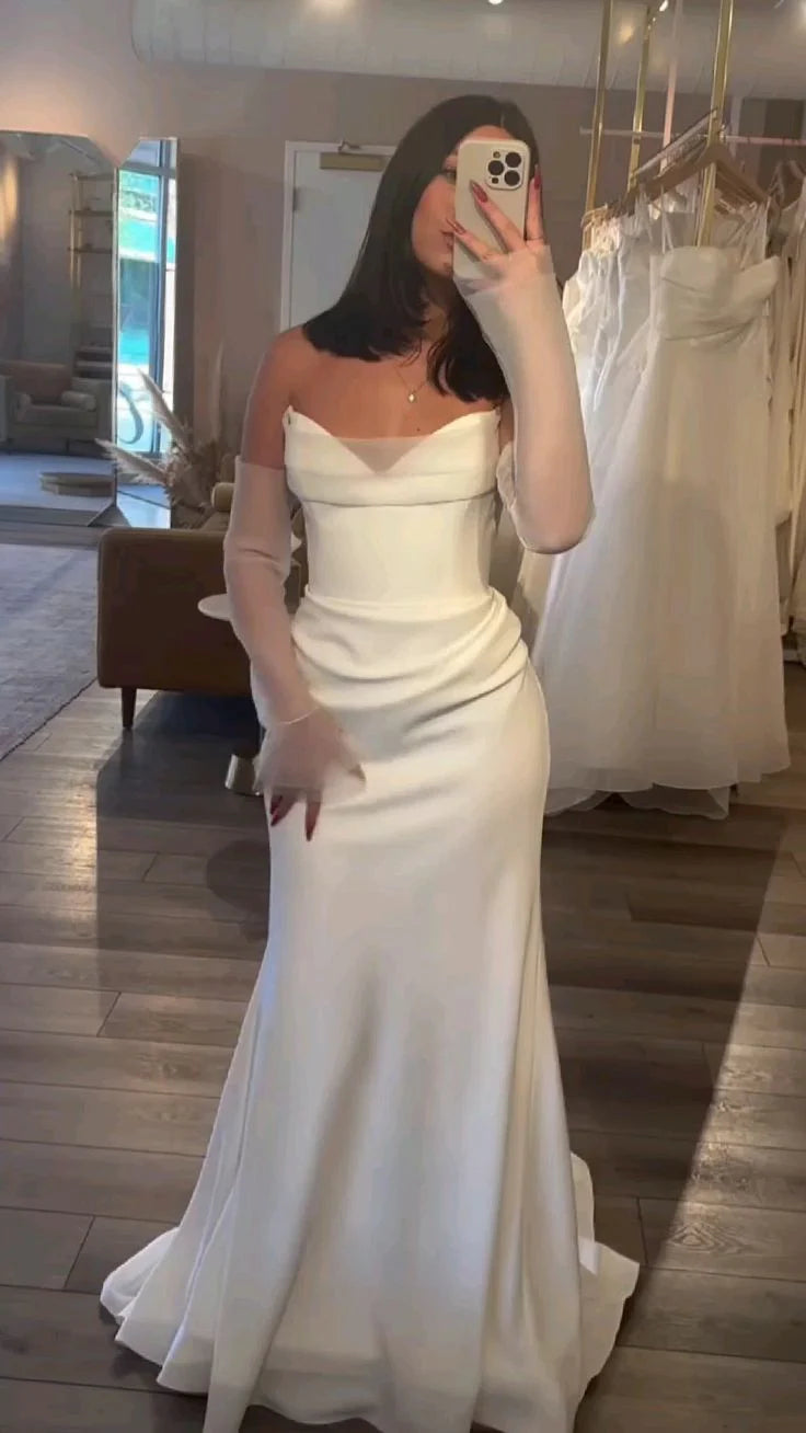 White Strapless Mermaid Long Wedding Dress