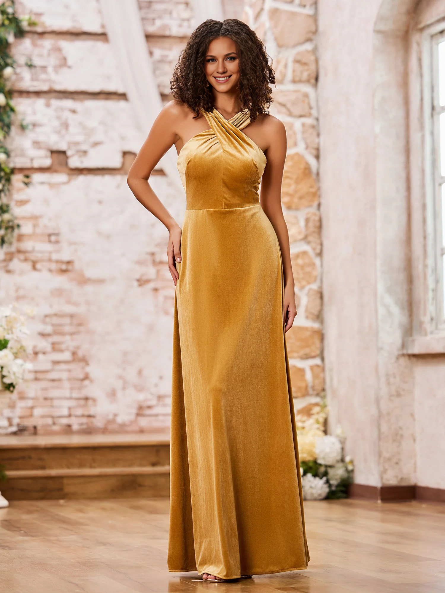 Velvet Grecian Neck Sleeveless Long Bridesmaid Gowns Gold Simple gentle atmospheric and unique design