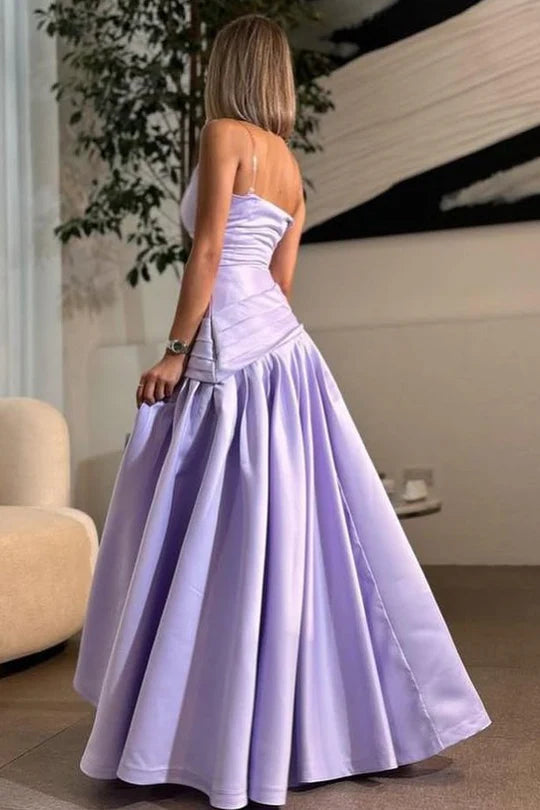 Strapless A-Line Empire-Waist Pleated Satin Long Prom Dress