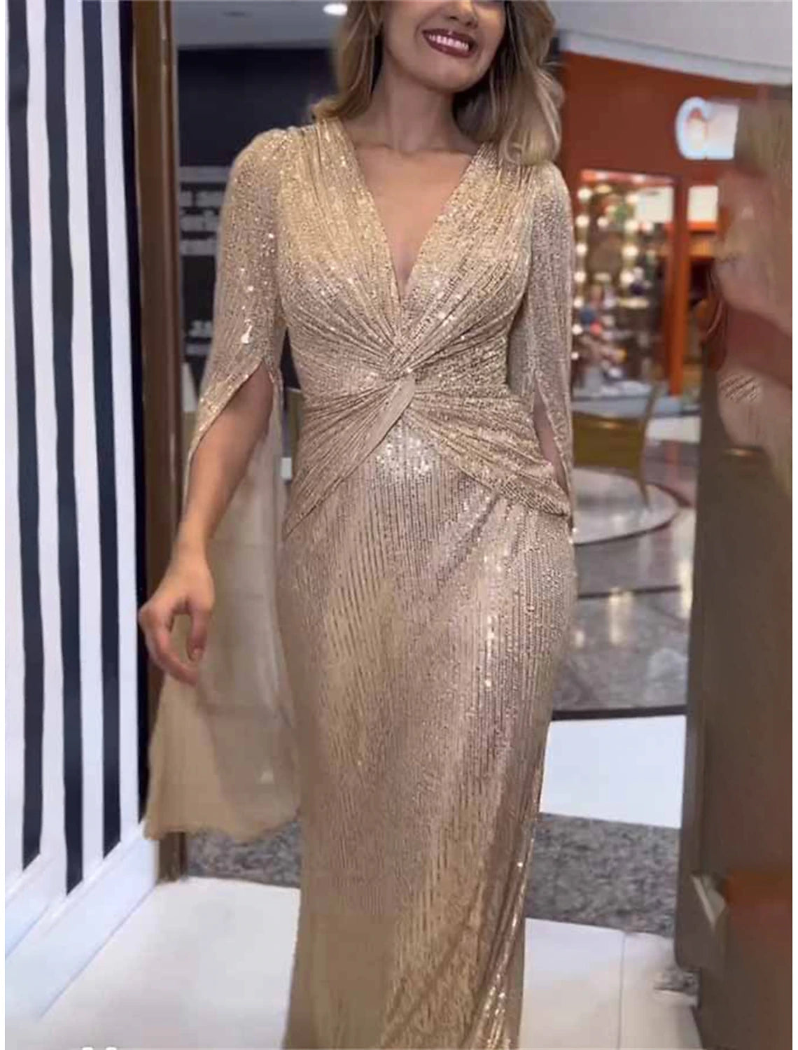 Women's Sequin Dress Prom Dress Party Dress Sequins Glitter V Neck Long Sleeve Winter Dress Champagne Red Fall Winter
