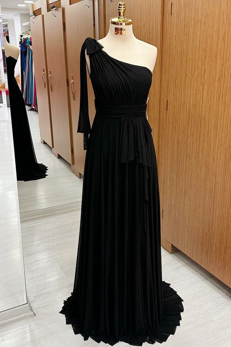 One-Shoulder A-Line Chiffon Maxi Dress in Black Simple gentle grand and beautiful