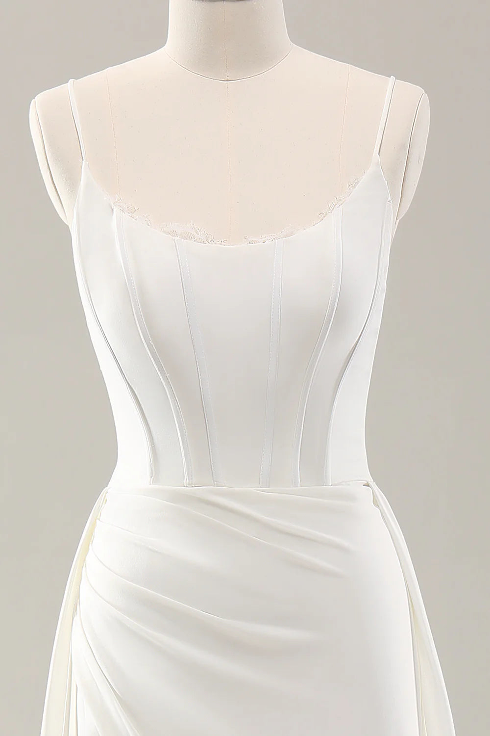 White A Line Spaghetti Straps Corset Lace Up Back Wedding Dress with Slit