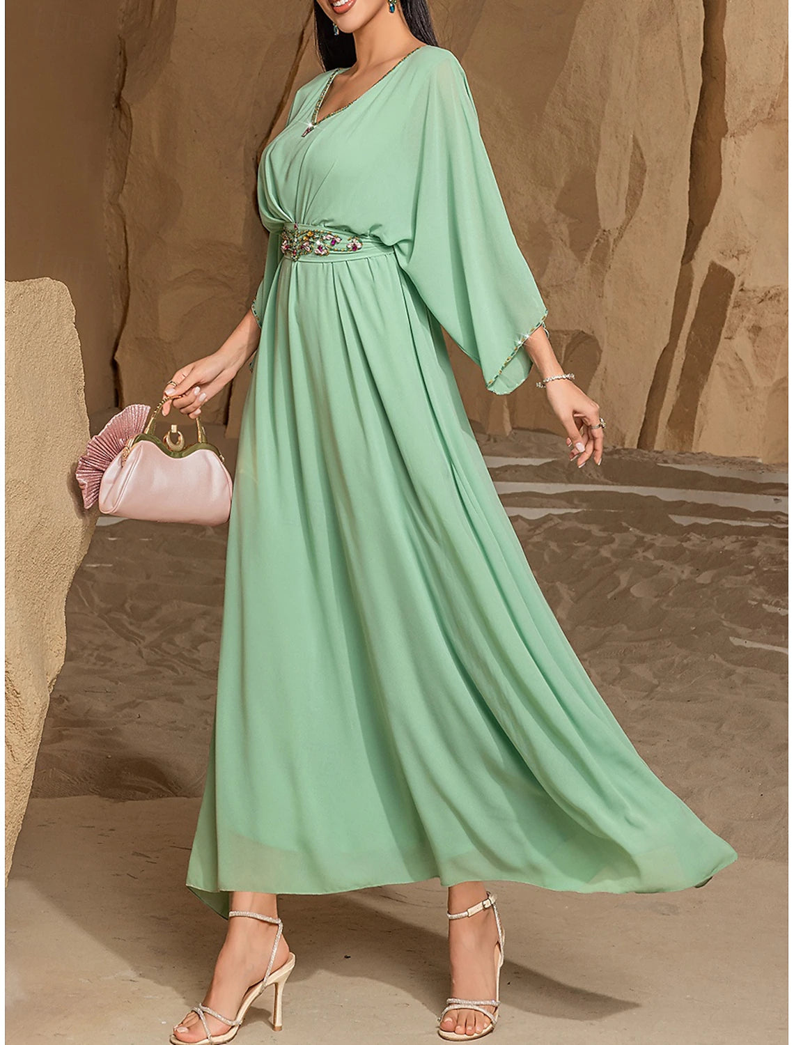 Green Mother of the Bride Dress Elegant Casual V Neck Floor Length Chiffon Length Sleeve with Crystals
