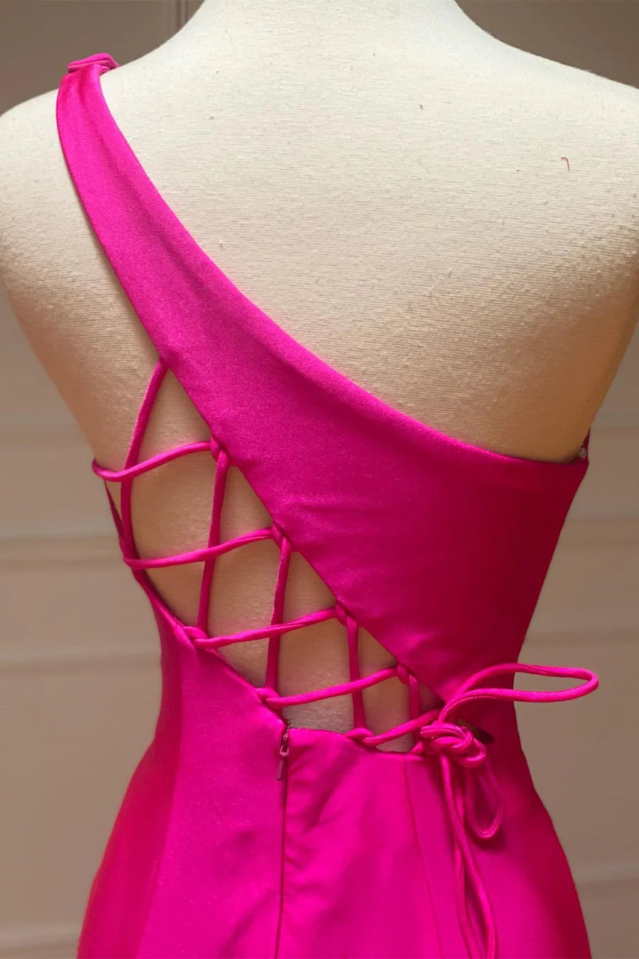 One-Shoulder Neon Pink Mermaid Long Formal Dress