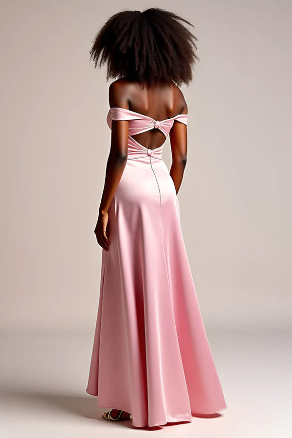 Pink Satin Off the Shoulder Long Prom Dress with Slit simple gentle atmospheric and unique desi Bring summer colors to enhance whiteness