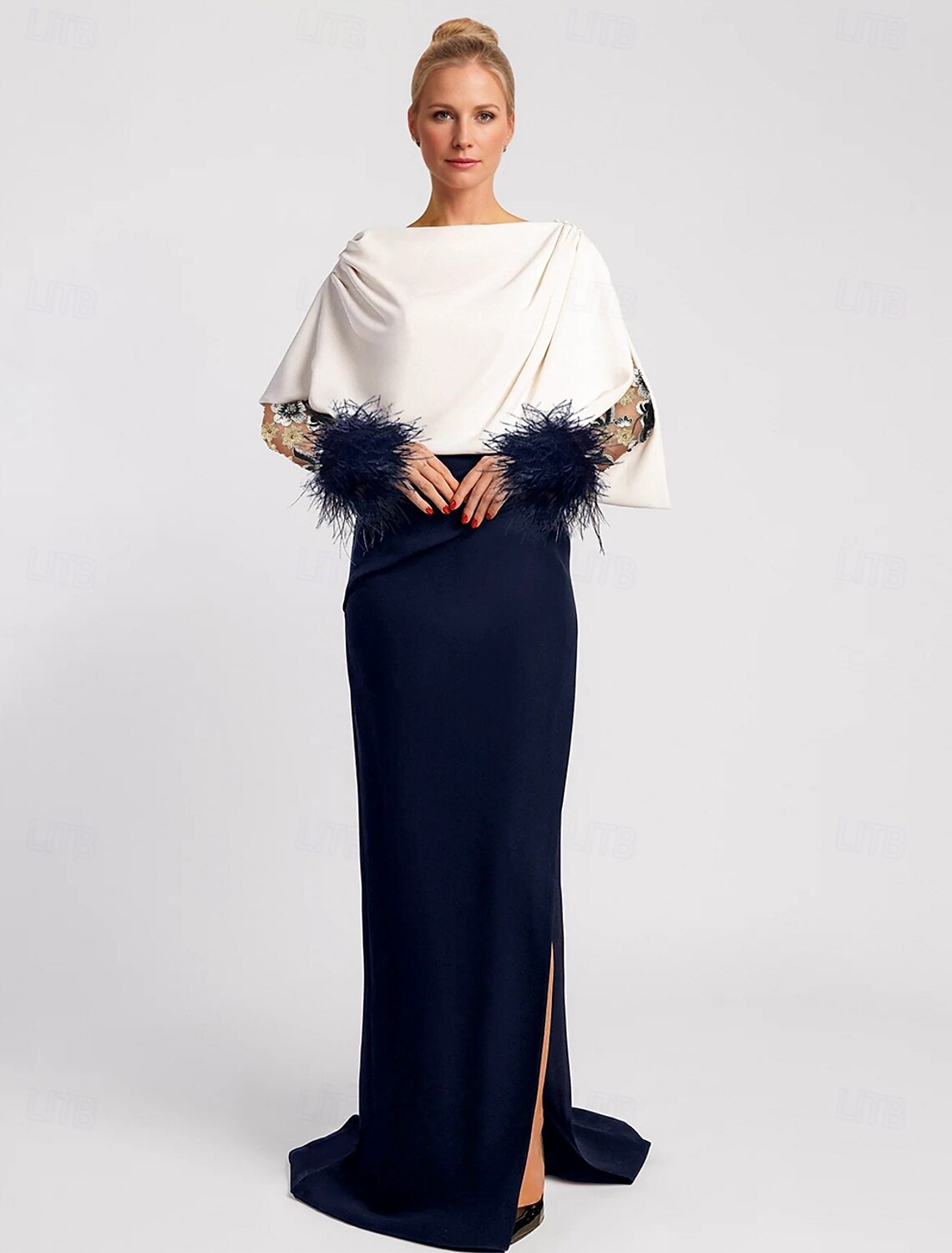 Black Dress Mermaid Evening Gown Elegant Dress Formal Sweep / Brush Train Long Sleeve Illusion Neck Champagne Mother Of the Bride Dress Stretch Crepe with Feather