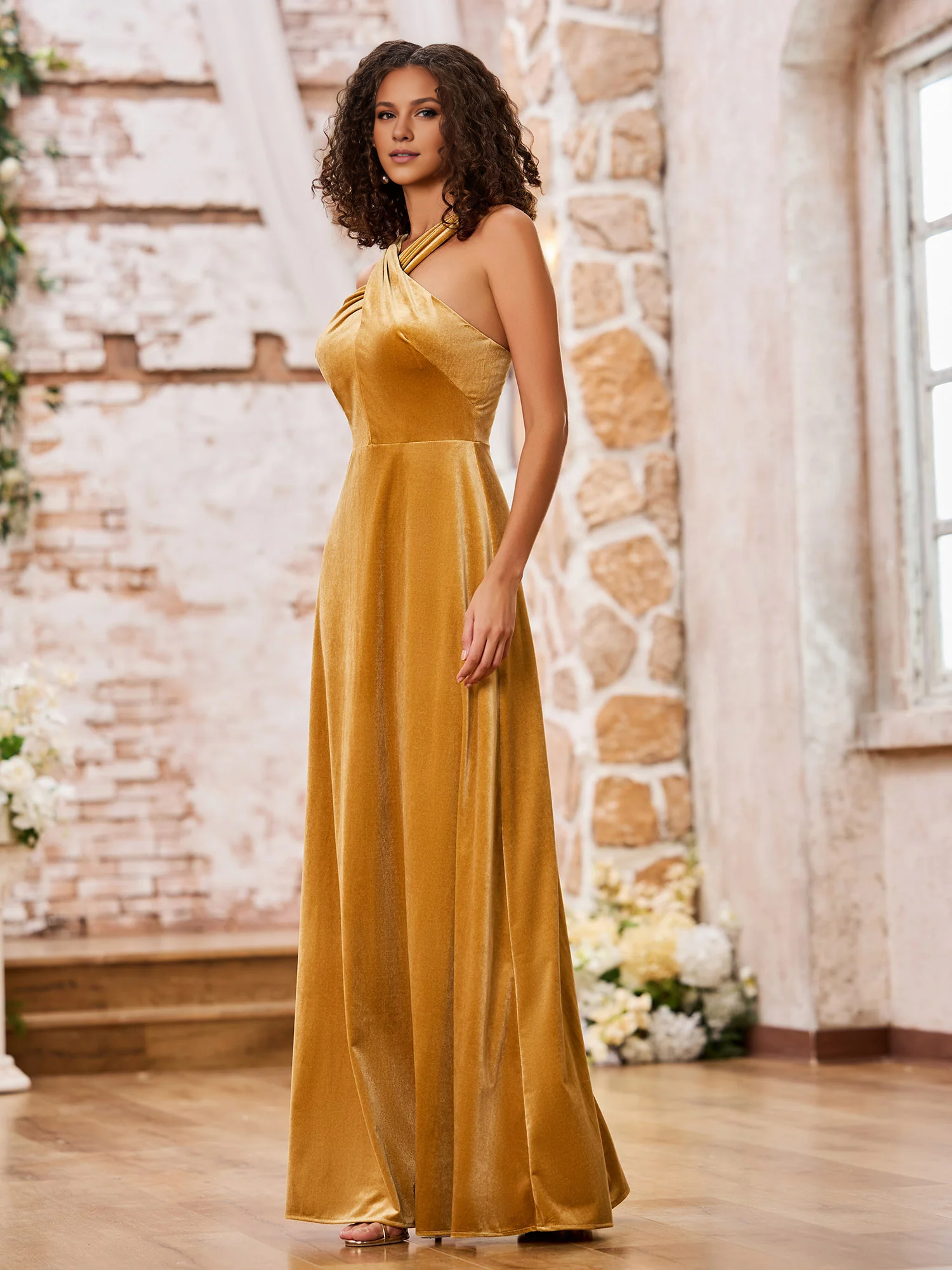 Velvet Grecian Neck Sleeveless Long Bridesmaid Gowns Gold Simple gentle atmospheric and unique design