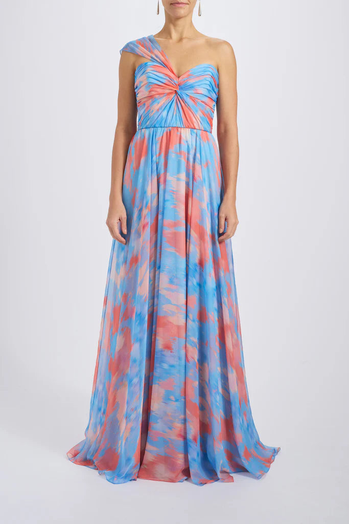 Abstract print chiffon ruched bodice A-line gown with one-shoulder drape spheric beautiful and unique desig