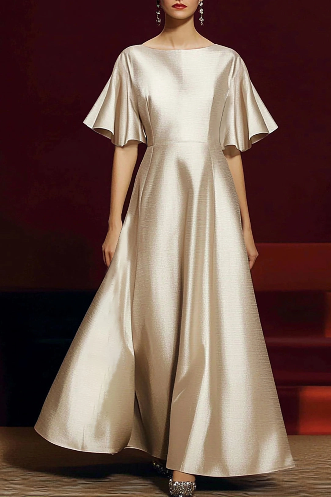 Formal Evening Beige Gown Satin Round Neck Ruffled Sleeve Maxi Dress