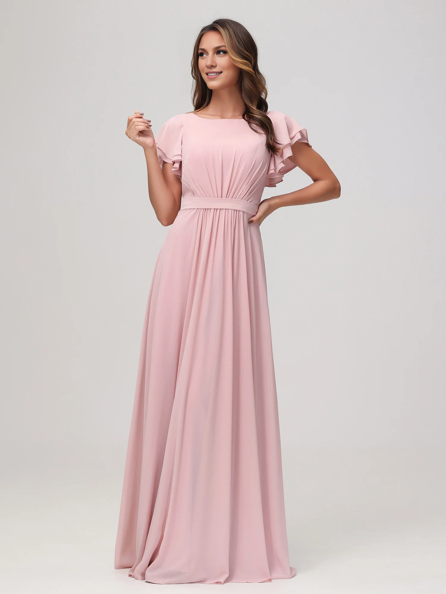 Bateau Neckline Flutter Sleeves Floor-length Dress Dusty RoseSimple gentle atmospheric and unique design