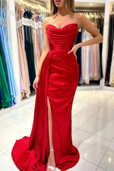 Simple Sweetheart Sleeveless Mermaid Satin Prom Dress with Split Front Simple gentle atmospheric and unique design