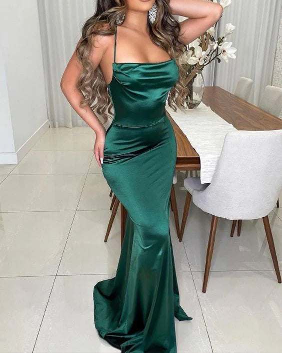 Satin Halter Backless Mermaid Evening Dress