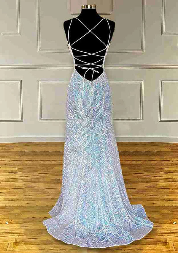 Sequined Prom Dress/Evening Dress With Pleated Sheath/Column V-Neck Spaghetti Straps and Sweep Simple gentle atmospheric and unique design