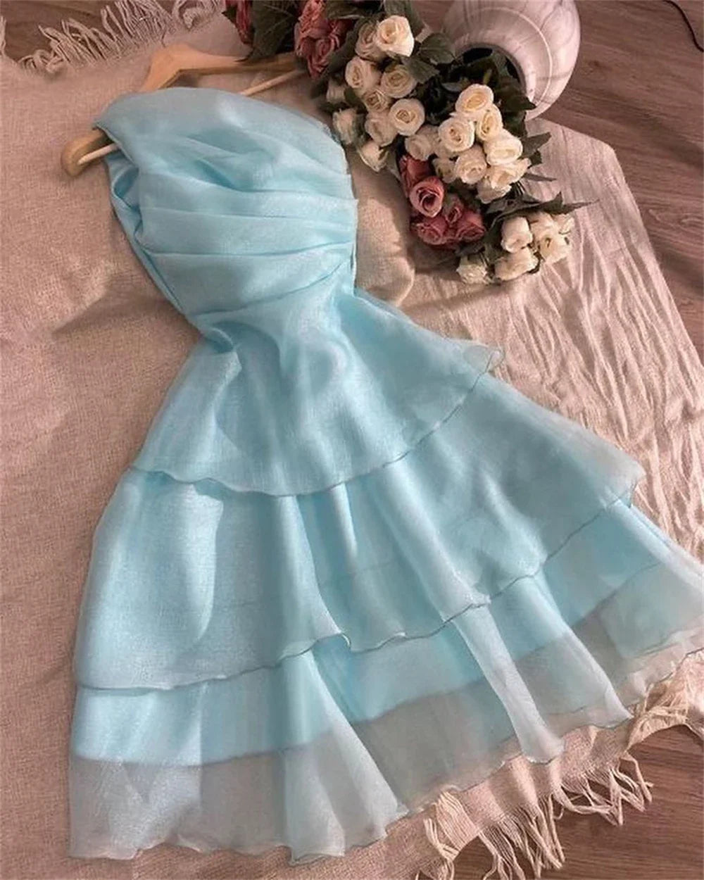 Elegant One Shoulder Party Layered Evening Dress Homecoming Dress Blue Beach Dress