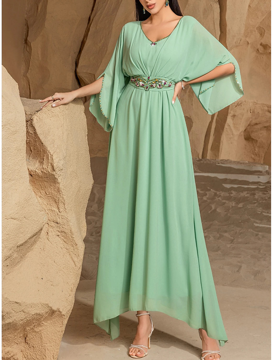 Green Mother of the Bride Dress Elegant Casual V Neck Floor Length Chiffon Length Sleeve with Crystals