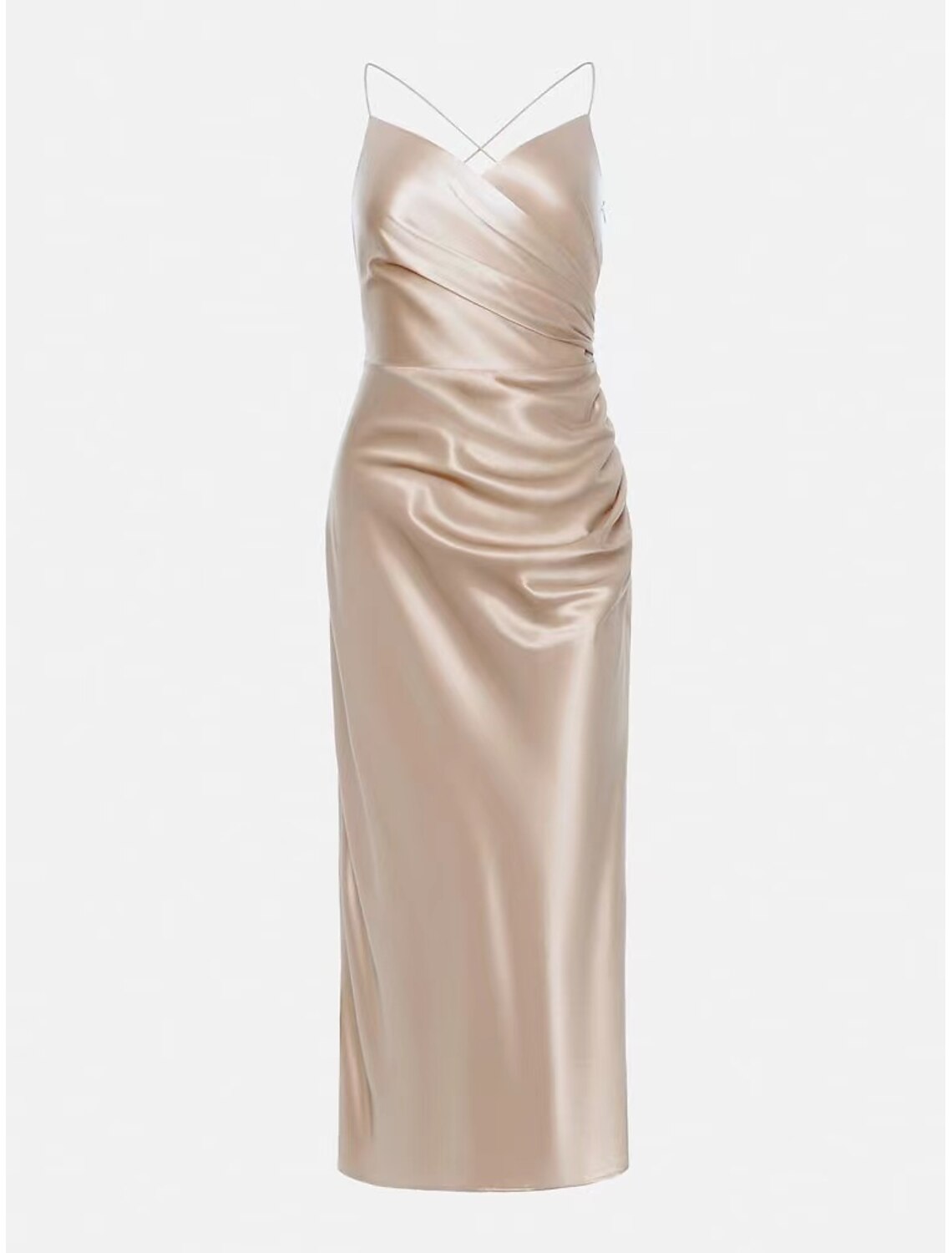 Women's Midi Dress Party Dress Satin Dress Solid Color Champagne Sleeveless Pure Color Split Ruched V Neck Stylish Elegant Sexy Dress