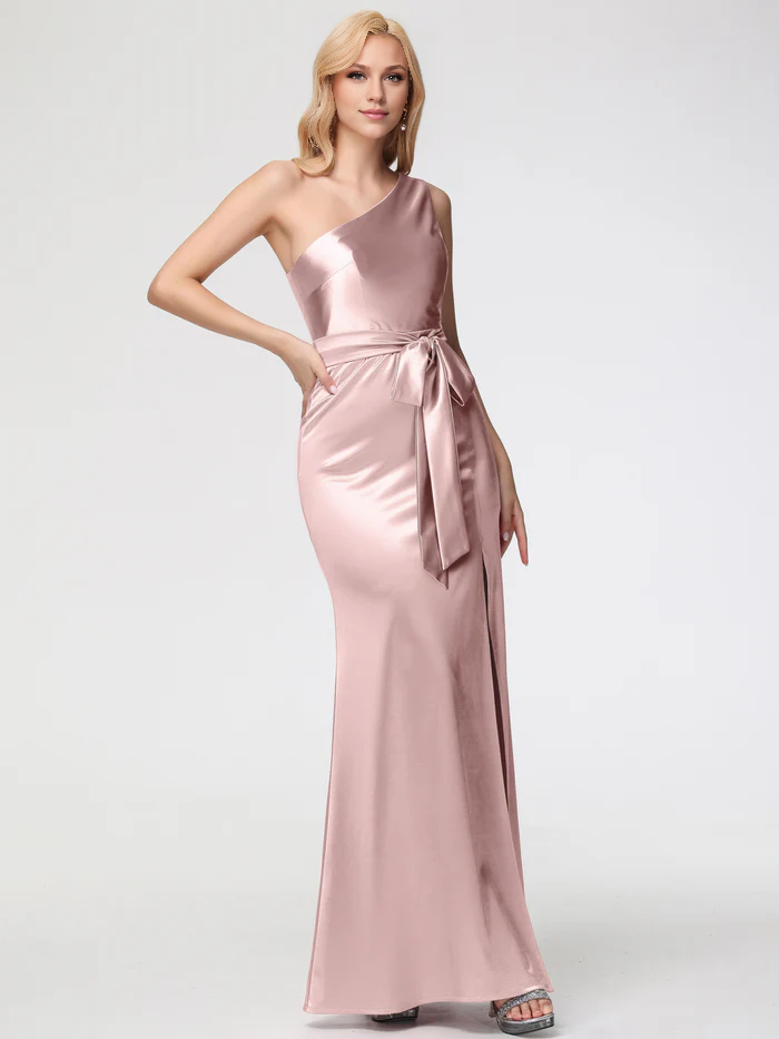 Prom Dresses Satin One Shoulder Trumpet/Mermaid Sleeveless Pleats Stretch Satin Prom Dresses