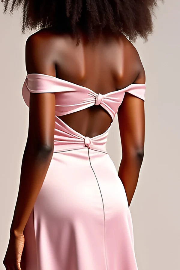 Pink Satin Off the Shoulder Long Prom Dress with Slit simple gentle atmospheric and unique desi Bring summer colors to enhance whiteness