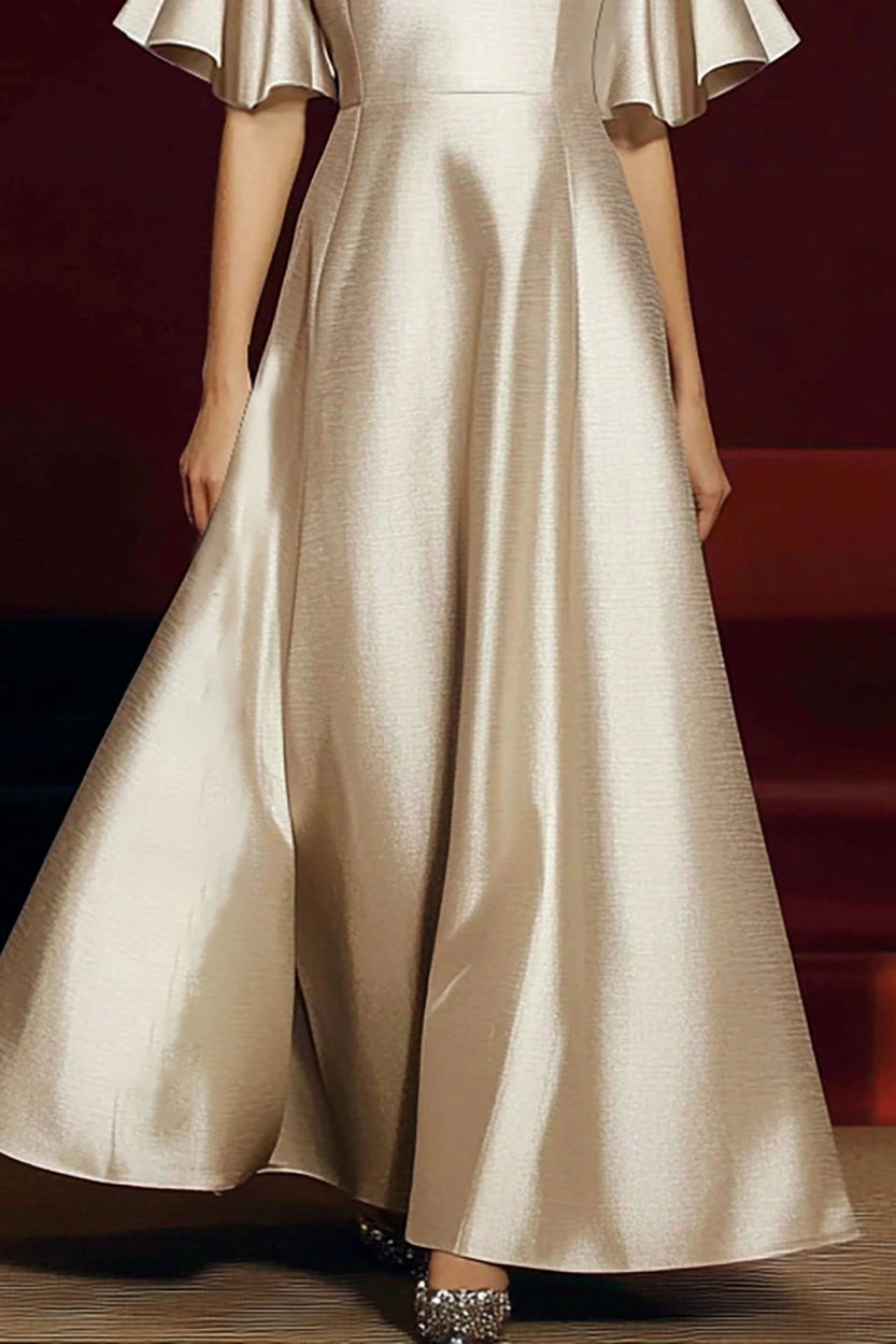 Formal Evening Beige Gown Satin Round Neck Ruffled Sleeve Maxi Dress