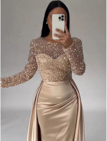 Mermaid Evening Gown Elegant Dress Formal Sweep / Brush Train Sleeveless V Neck Champagne Dress Satin with Feather