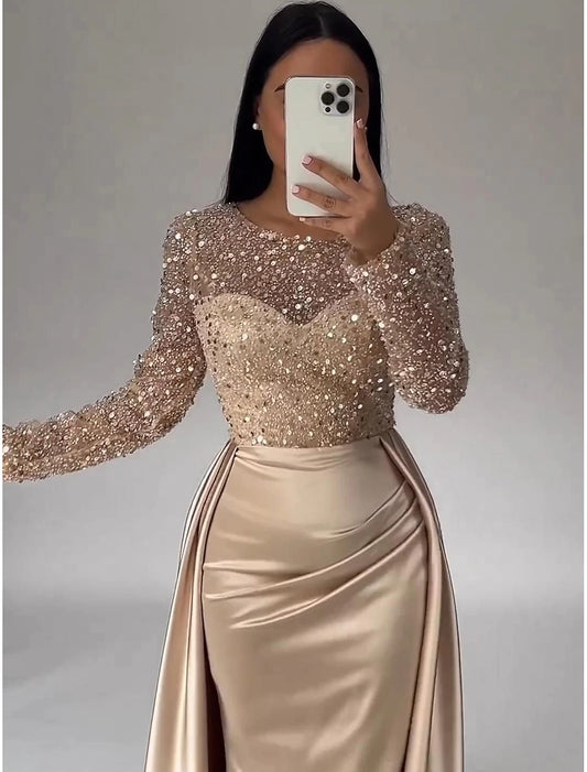 Mermaid Evening Gown Elegant Dress Formal Sweep / Brush Train Sleeveless V Neck Champagne Dress Satin with Feather