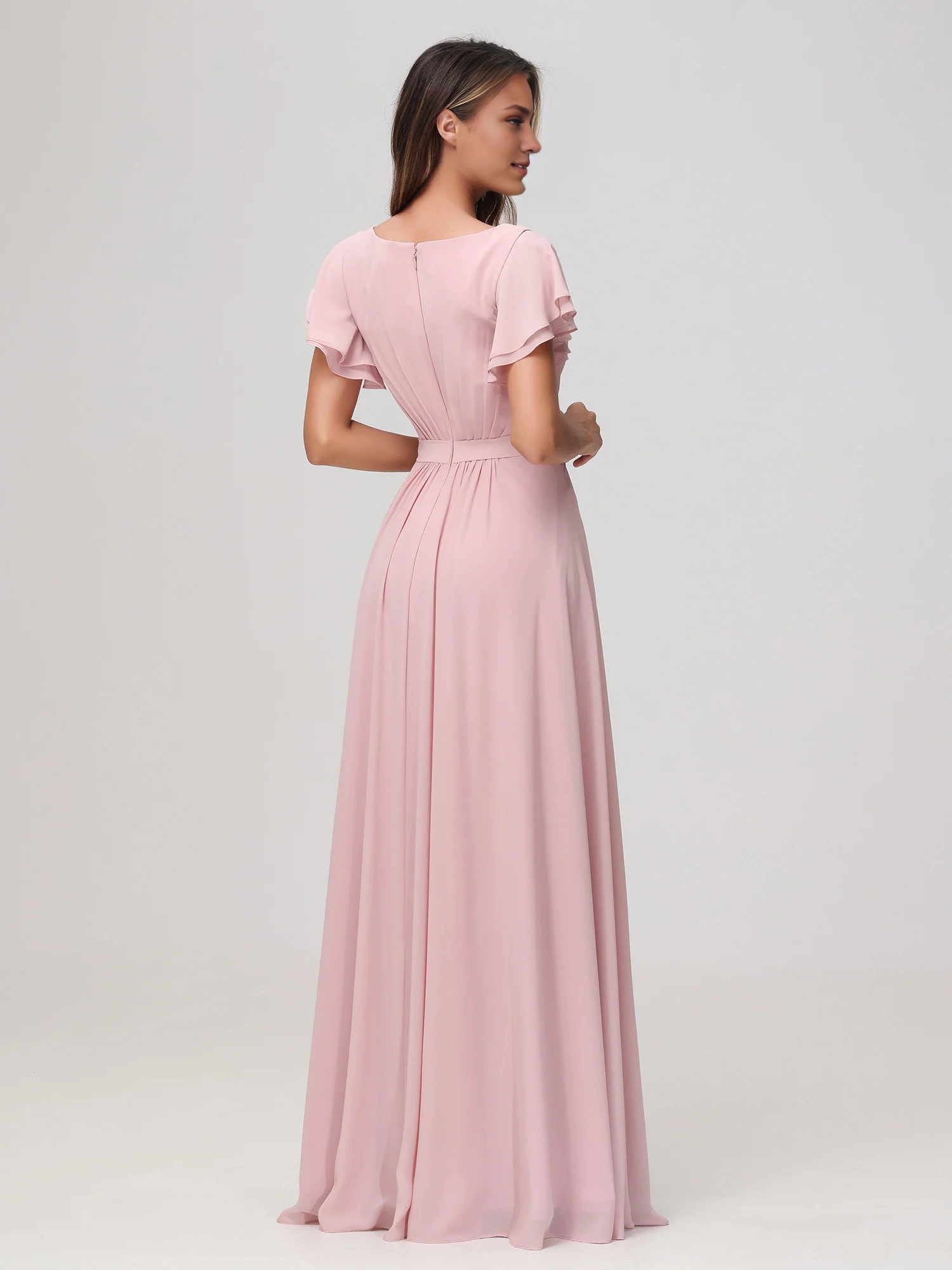 Bateau Neckline Flutter Sleeves Floor-length Dress Dusty RoseSimple gentle atmospheric and unique design