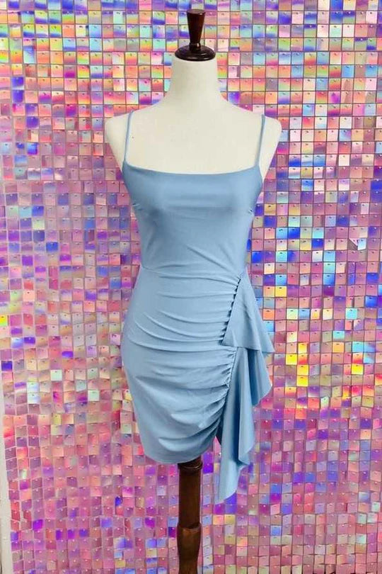 Misty Blue Straps Ruffles Tight Party Dress Misty Blue Straps