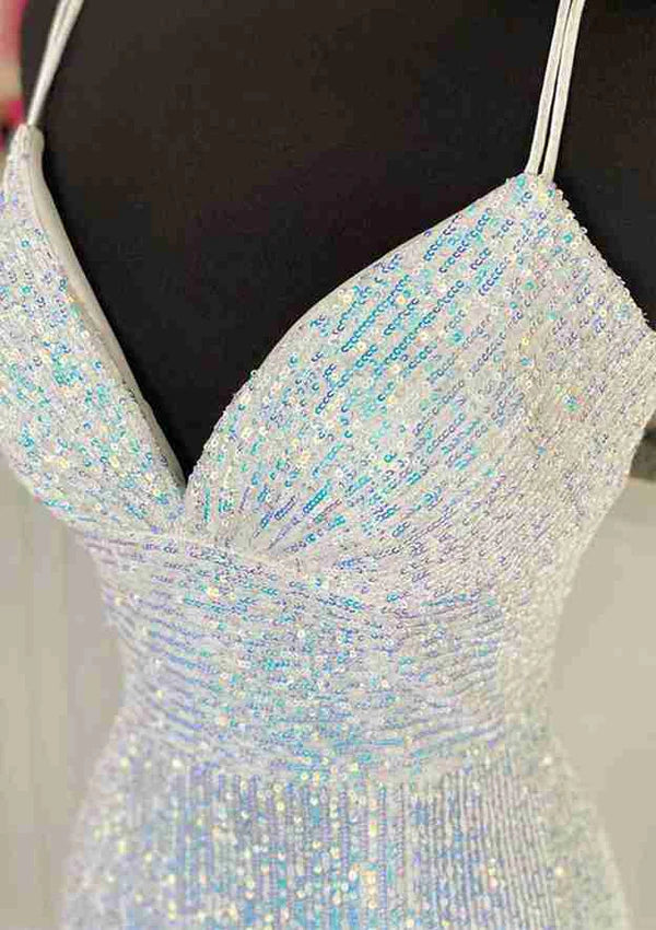 Sequined Prom Dress/Evening Dress With Pleated Sheath/Column V-Neck Spaghetti Straps and Sweep Simple gentle atmospheric and unique design