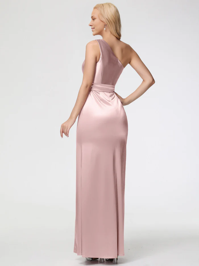 Prom Dresses Satin One Shoulder Trumpet/Mermaid Sleeveless Pleats Stretch Satin Prom Dresses