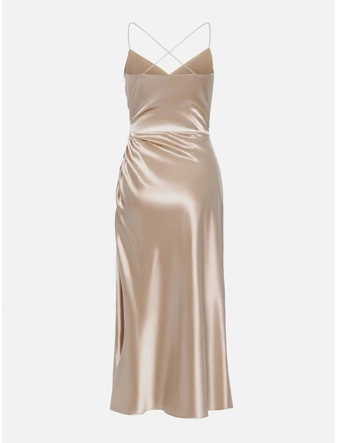Women's Midi Dress Party Dress Satin Dress Solid Color Champagne Sleeveless Pure Color Split Ruched V Neck Stylish Elegant Sexy Dress