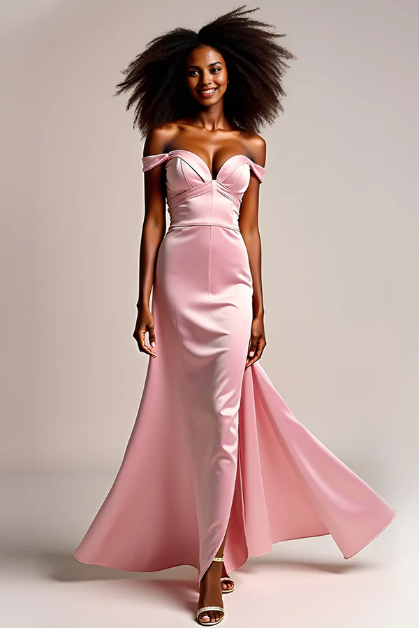 Pink Satin Off the Shoulder Long Prom Dress with Slit simple gentle atmospheric and unique desi Bring summer colors to enhance whiteness