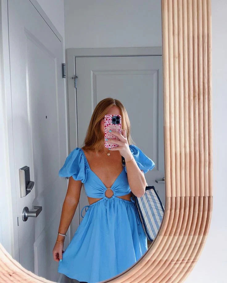 Blue Waist Cut Out Homecoming Dress Blue Beach Dress