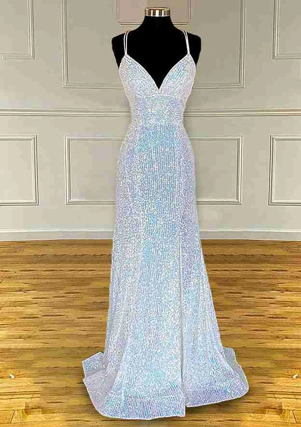 Sequined Prom Dress/Evening Dress With Pleated Sheath/Column V-Neck Spaghetti Straps and Sweep Simple gentle atmospheric and unique design